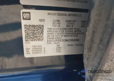 2022 Chevrolet Silverado 1500 Ltd 4Wd Short Bed Rst z USA, uszkodzony, nr VIN 1GCUYEED3NZ202000